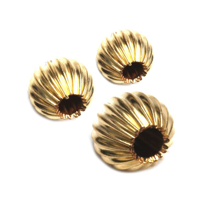 Yellow Gold Filled Round Straight Corrugated Beads with Two Holes - Pack of 100