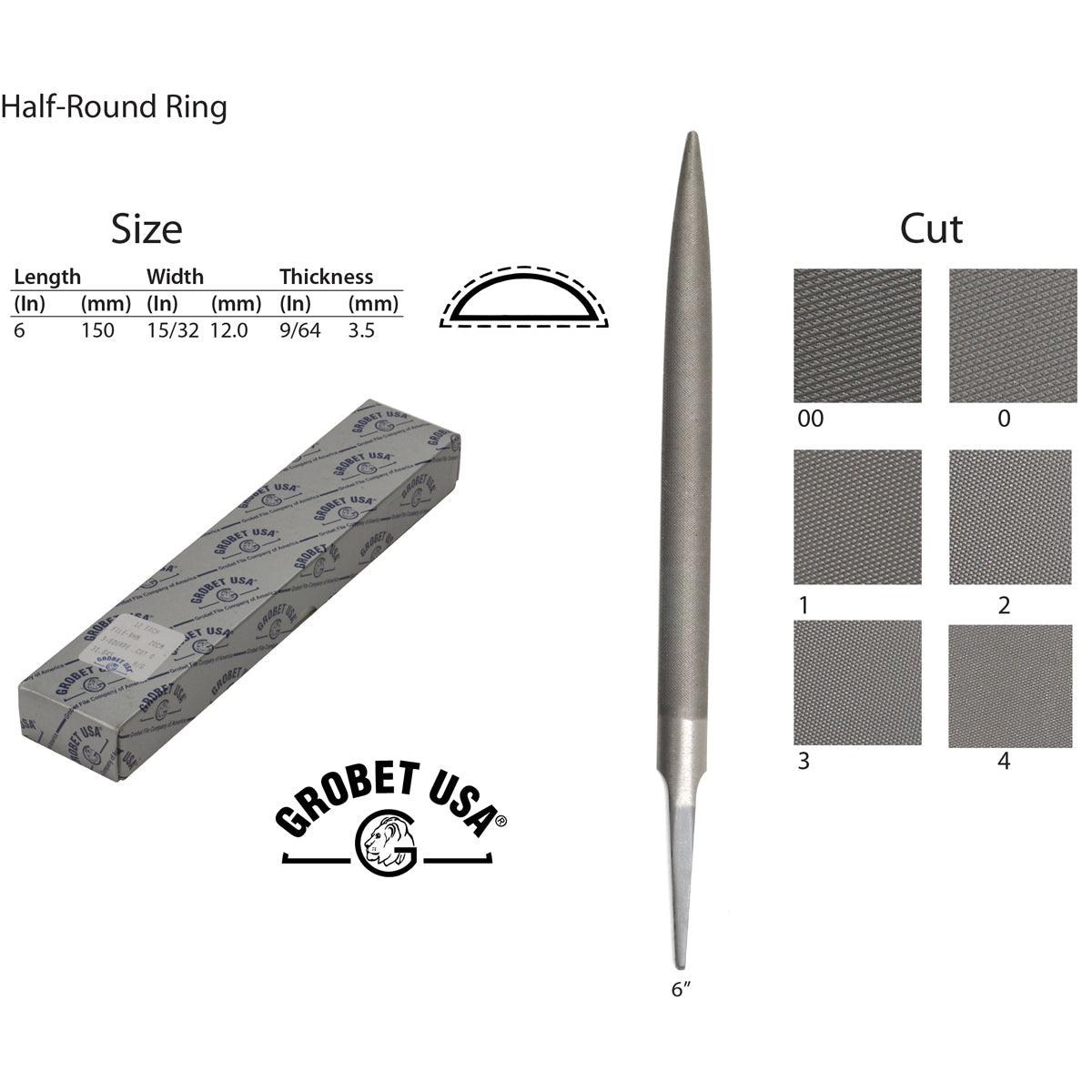 Grobet Swiss Precision Half-Round Ring File – 6" Length, 12mm Width (Cut 00 - 6), Made In Switzerland