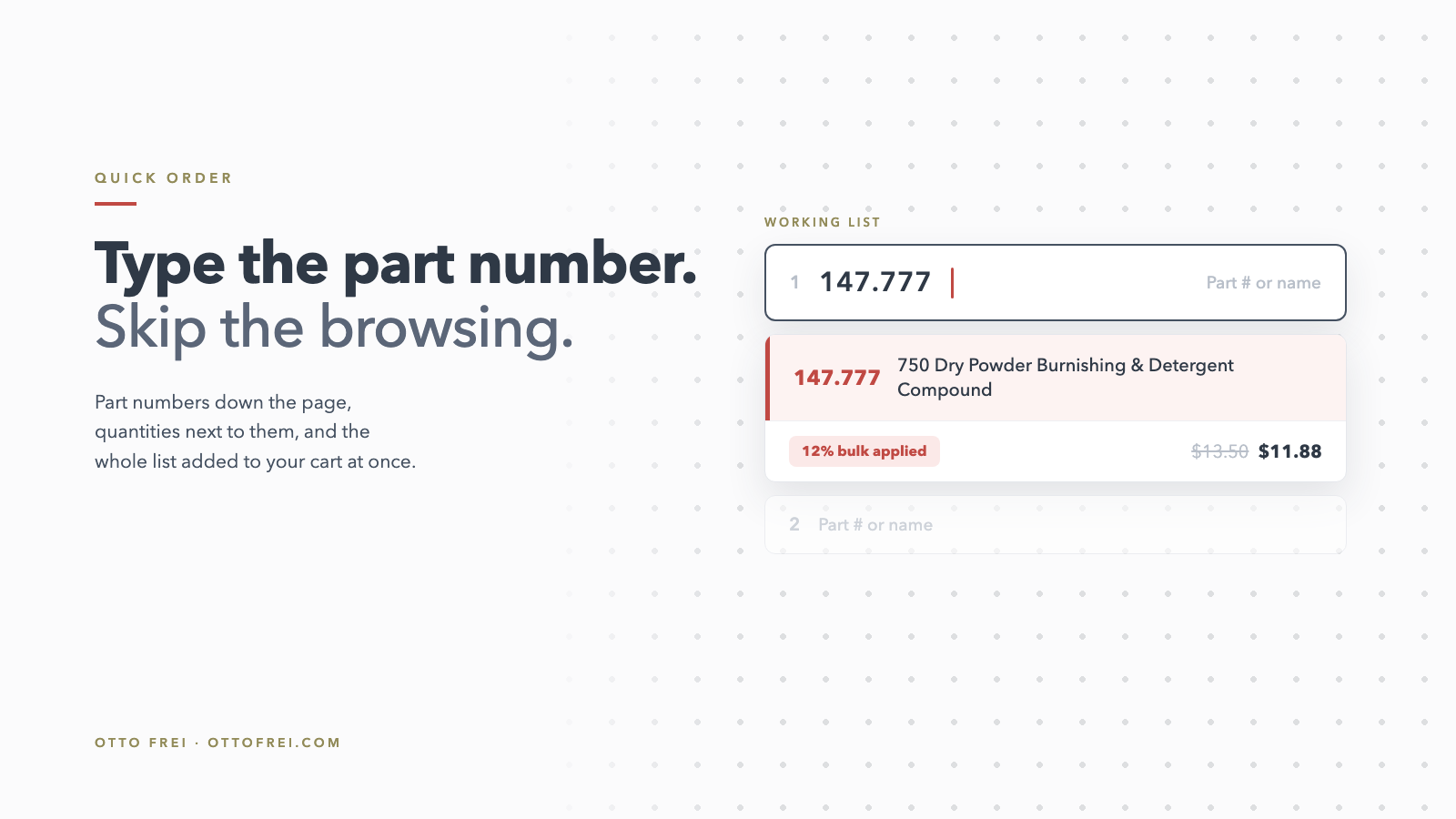 Quick Order pad graphic showing part number 147.777 resolving to a product