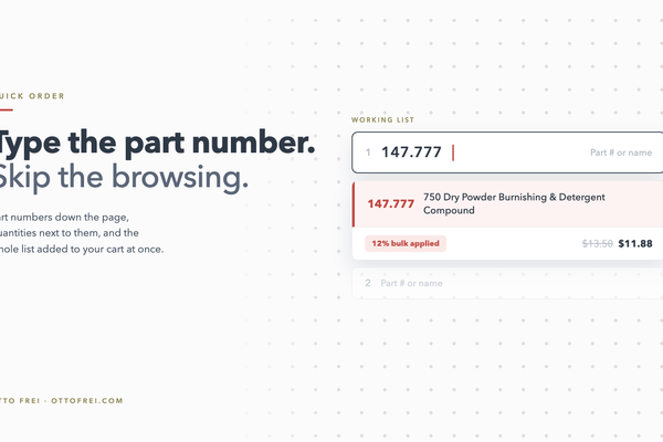 Quick Order pad graphic showing part number 147.777 resolving to a product