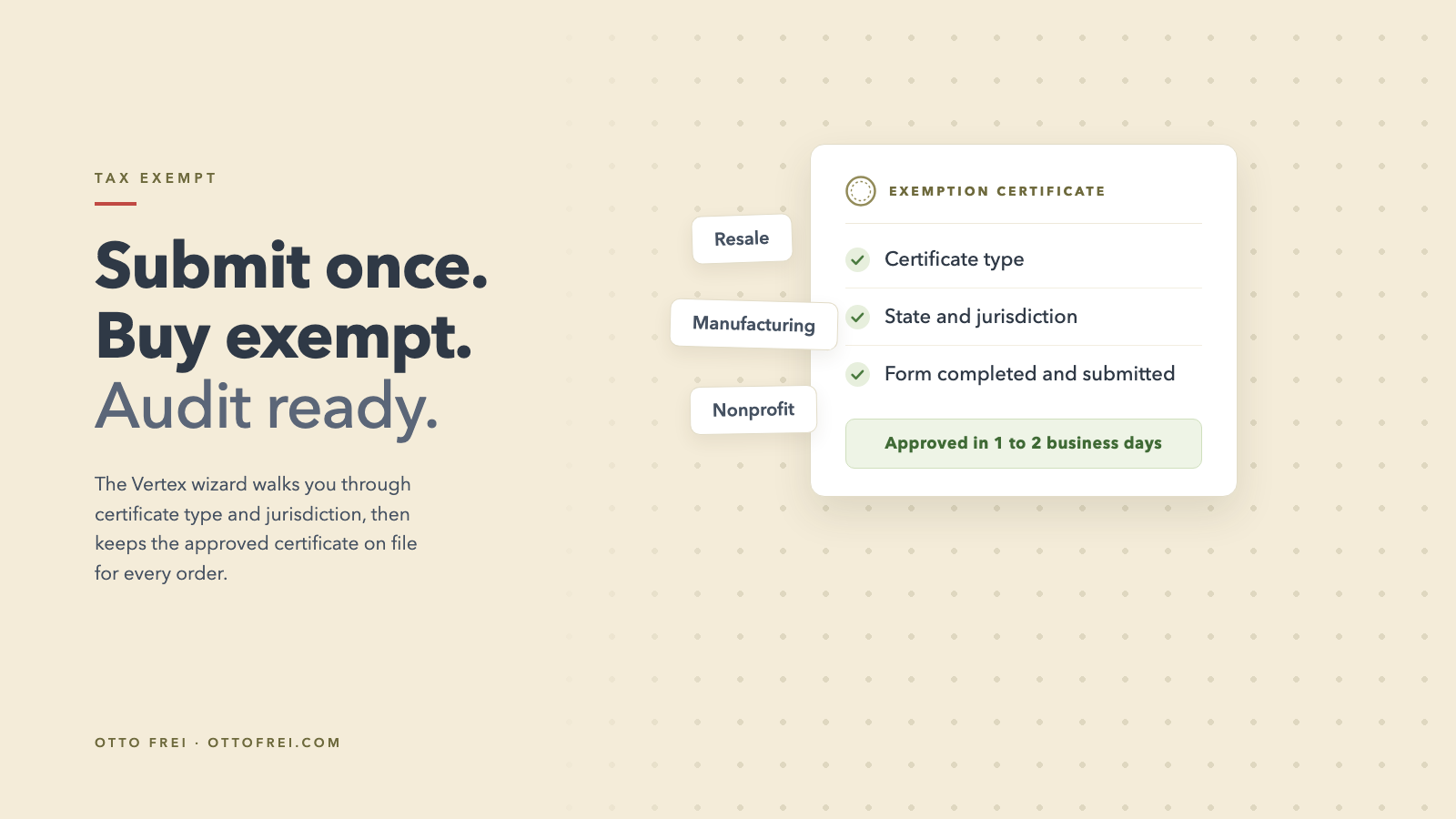 Tax exempt certificate graphic with Vertex wizard steps and approval note