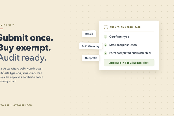 Tax exempt certificate graphic with Vertex wizard steps and approval note