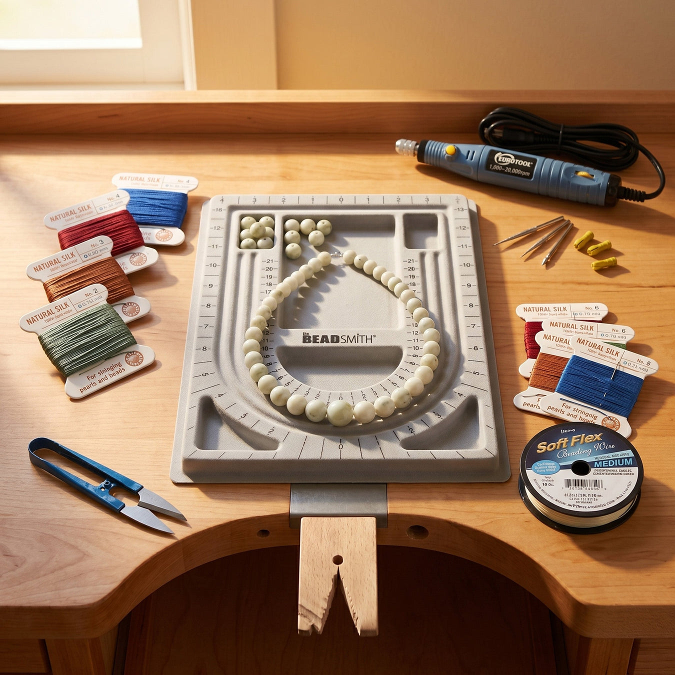 Bead stringing supplies, BeadSmith design board with jade beads, silk cords, and beading wire on a John Frei Workbench bench.