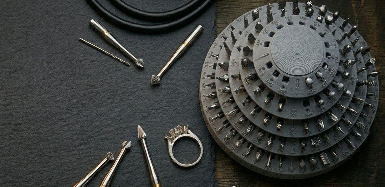 Bur organizer loaded with jewelry burs beside a stone-set ring and loose burs on slate