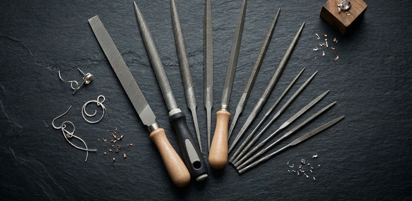 Jeweler's hand files and needle files fanned on slate with wood handles