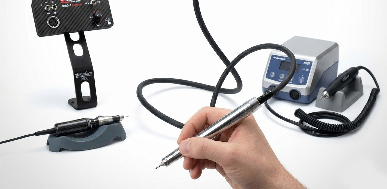 Flex shaft handpiece in hand with micromotor control stations