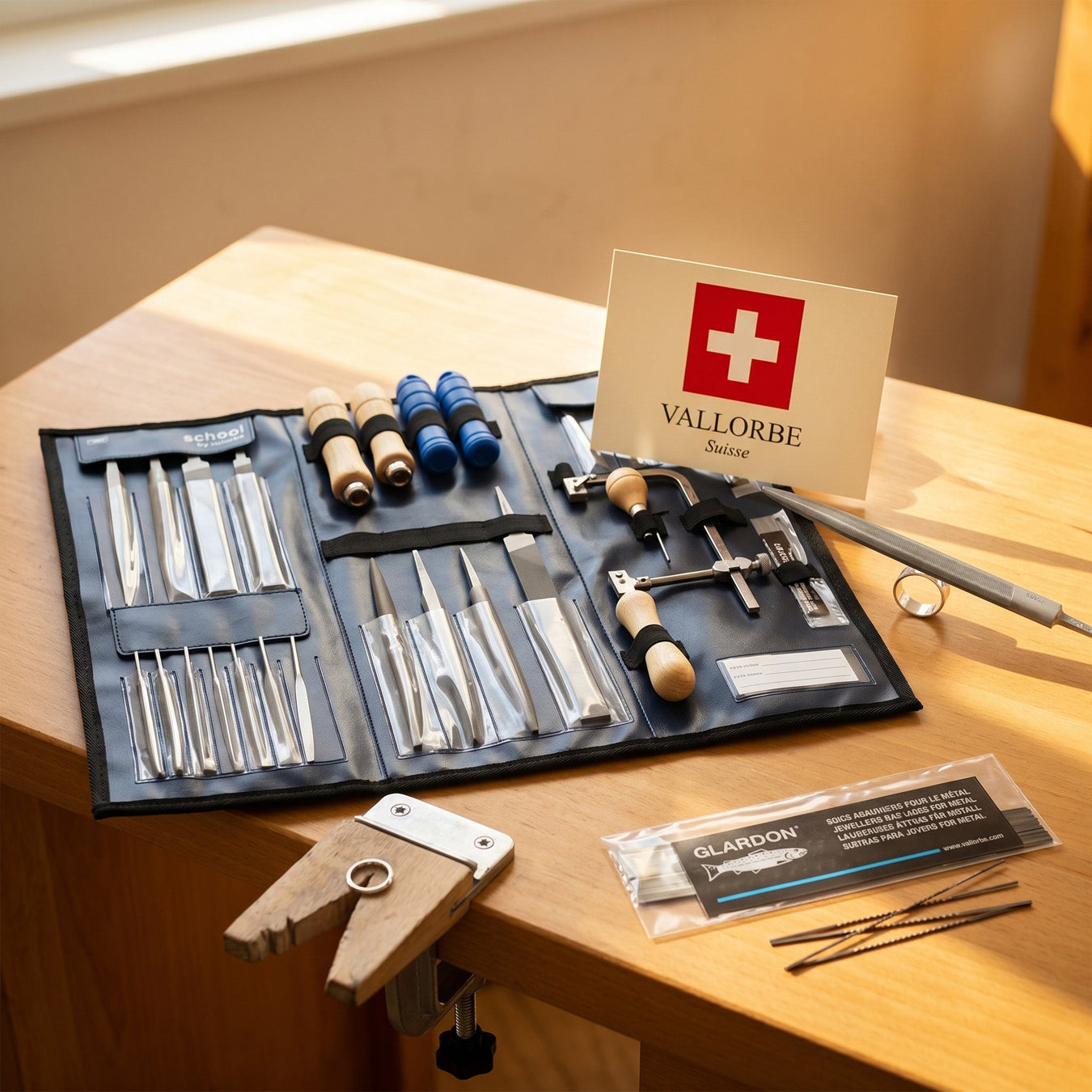 Glardon-Vallorbe Swiss Made jewelers school kit, files, and saw blades on a Frei & Borel workbench.