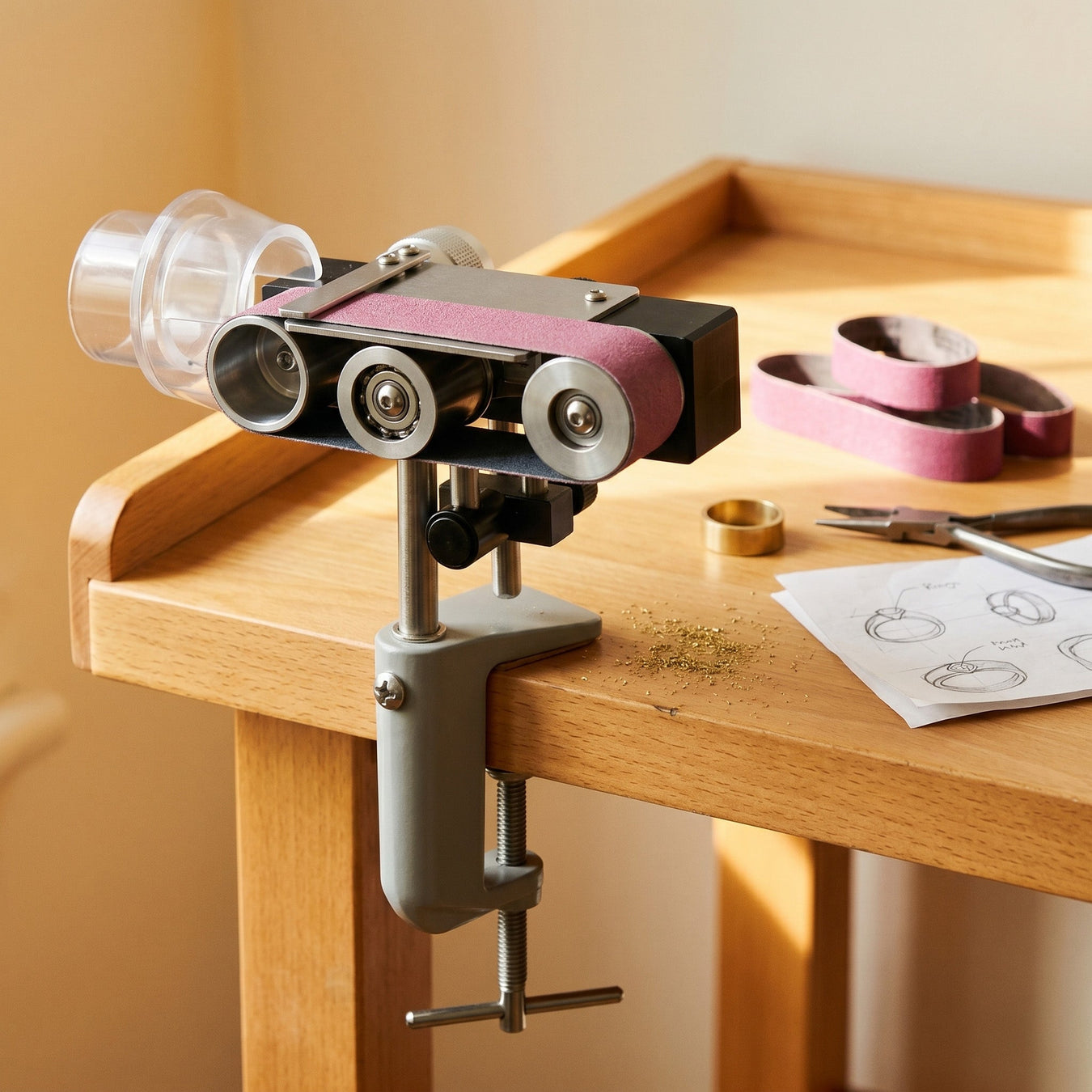 Jewelry belt sanding bench setup, Ikohe bench-mount sander clamped to a Durston jeweler's bench with spare belts.