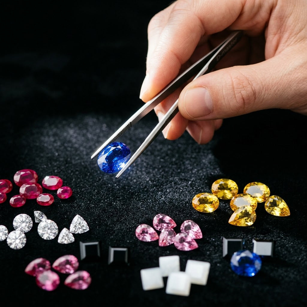 Jeweler tweezers holding a blue sapphire above colorful lab created faceted gemstones on black velvet