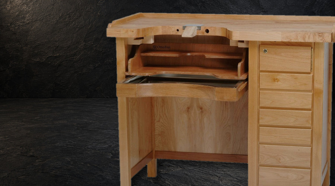 John Frei maple single-bank jeweler's workbench on slate