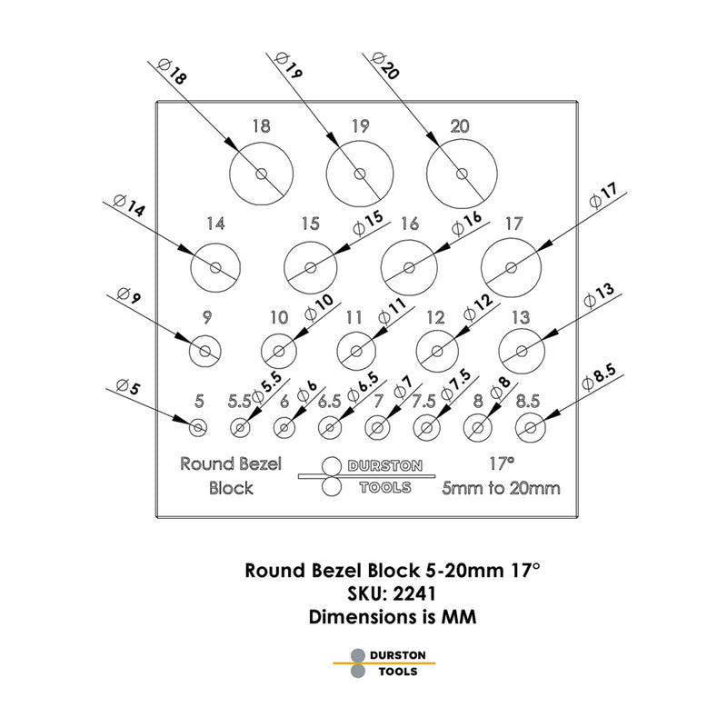Durston 2241 Runder Lünettenblocksatz – 17 Grad – 4 Reihen 5 mm bis 20 mm