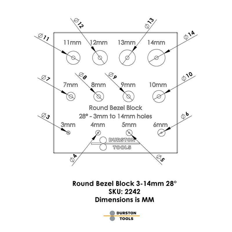 Durston Runder Lünettenblocksatz – 28 Grad – 3 Reihen 3 mm bis 14 mm