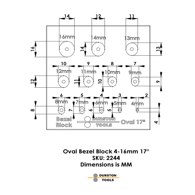 Durston 2244 Oval Bezel Block Set-17 Degree-3 Rows 4mm to 16mm