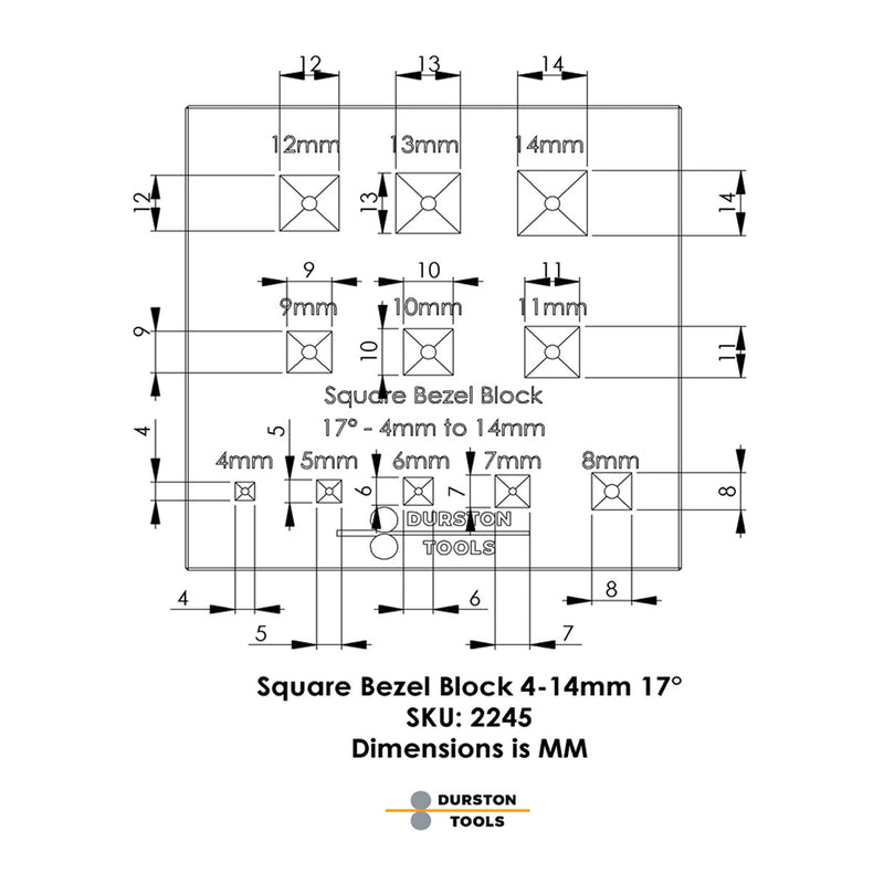 Durston Square Bezel Block Set-17 Degree-3 Rows 4mm to 14mm
