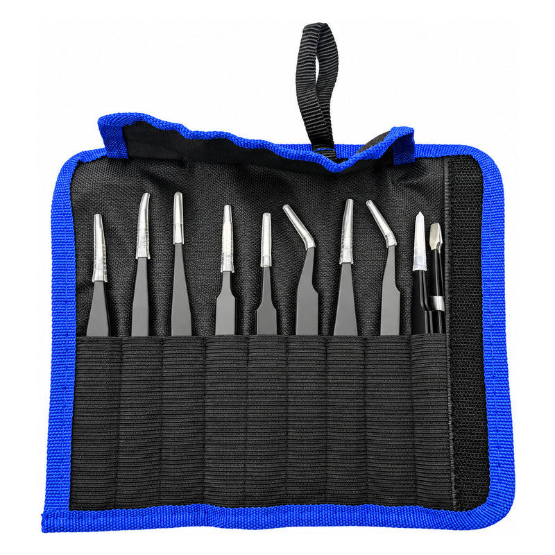 Tweezer Set of 10-Black Epoxy Coated Anti-Static Stainless Steel with Storage Bag