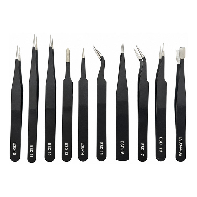 Tweezer Set of 10-Black Epoxy Coated Anti-Static Stainless Steel with Storage Bag