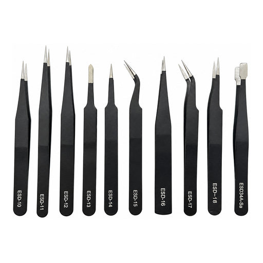 Tweezer Set of 10-Black Epoxy Coated Anti-Static Stainless Steel with Storage Bag