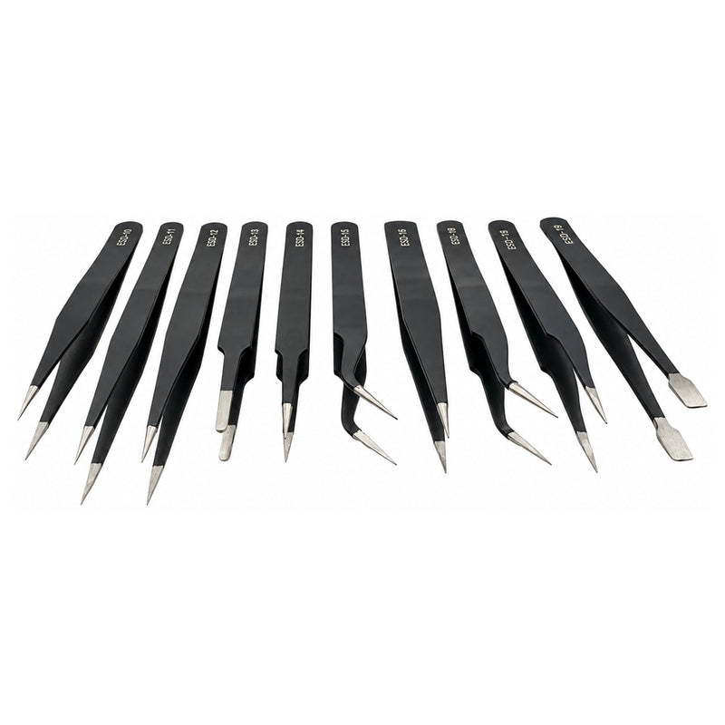 Tweezer Set of 10-Black Epoxy Coated Anti-Static Stainless Steel with Storage Bag