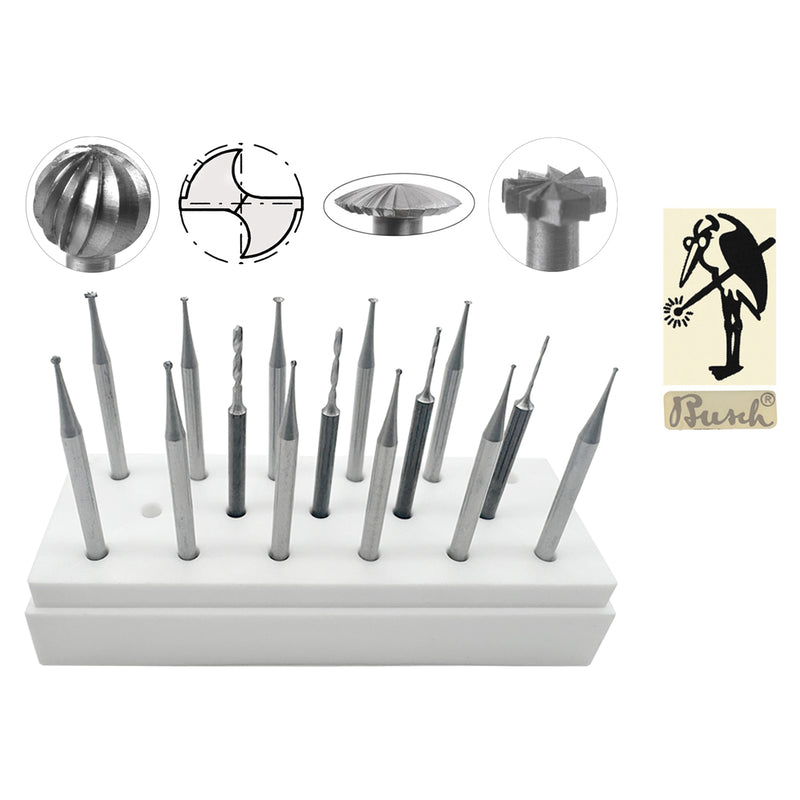 Busch Mixed Shapes Burs & Twist Drills Kit of 15 Pieces on 3/32 Shanks