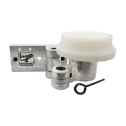 Mechanical component with a white roller and metal bracket on a white background