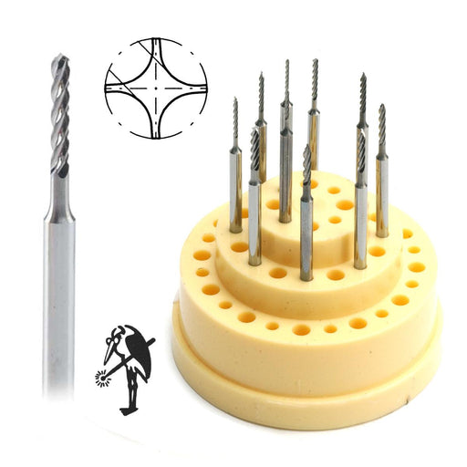 Busch 4203 4 Groove Carbide Twist Drills on 3/32" Shanks .70mm-1.60mm - Kit of 10 - Otto Frei