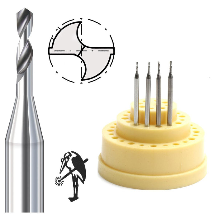 Busch Fig 4205S 2 Groove Short Carbide Twist Drill on 3/32" Shanks .70mm-1.00mm  - Kit of 4 - Otto Frei