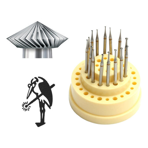 Busch Fig 446AU Carbide 70 Degree Hart Burs on 3/32" Shanks-Set of 15 .90mm-2.30mm - Otto Frei