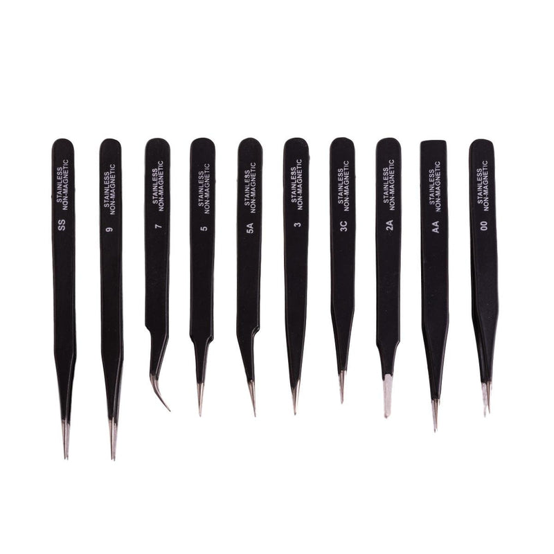 Closeout Tweezers Kit of 10-Black Epoxy Coated Stainless Steel - Otto Frei