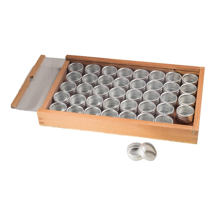 Closeout Wood Box With 40 Round Clear Top Tins With Sliding Plastic Lid - Otto Frei