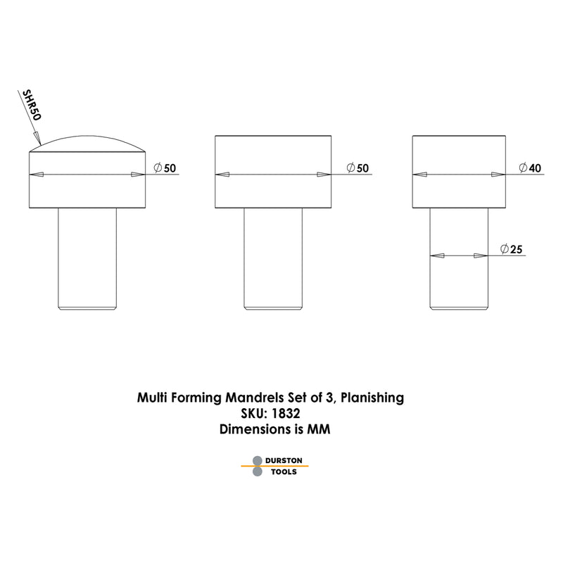 Durston Planishing Multi-Forming Anvil Mandrels Set of 3 - Otto Frei