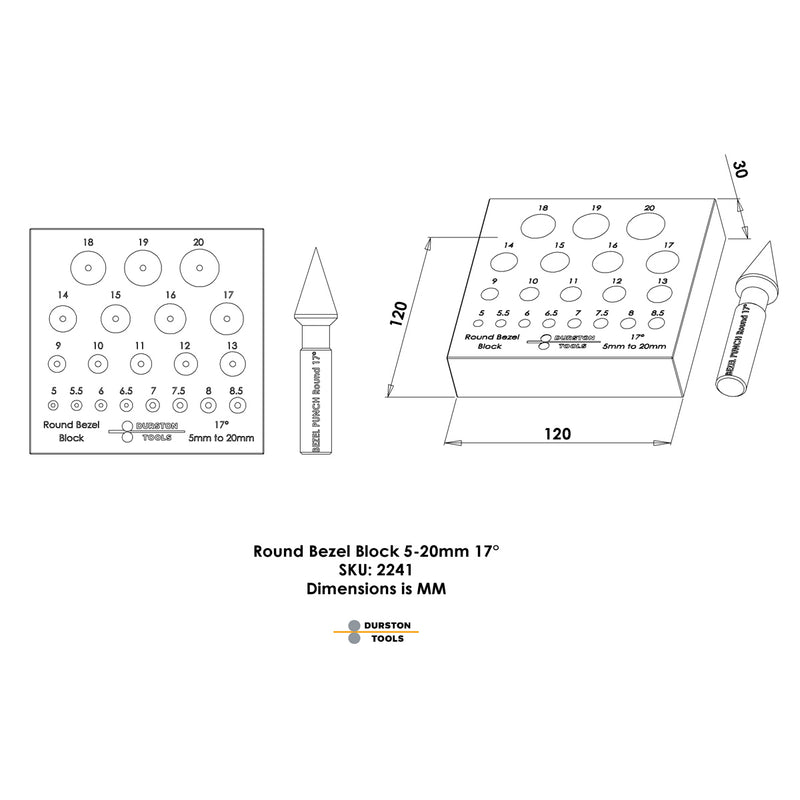 Durston Round Bezel Block Set-17 Degree-4 Rows 5mm to 20mm - Otto Frei