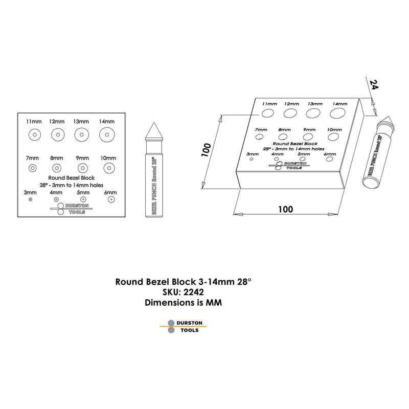 Durston Round Bezel Block Set-28 Degree-3 Rows 3mm to 14mm - Otto Frei