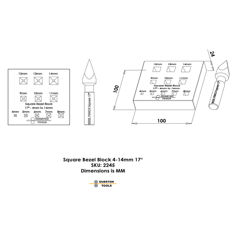 Durston Square Bezel Block Set-17 Degree-3 Rows 4mm to 14mm - Otto Frei