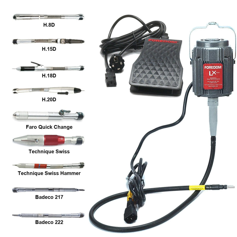 Foredom LX 230V flex shaft motor with C.TXR-22CE foot control, CE plug, and choice of nine handpieces