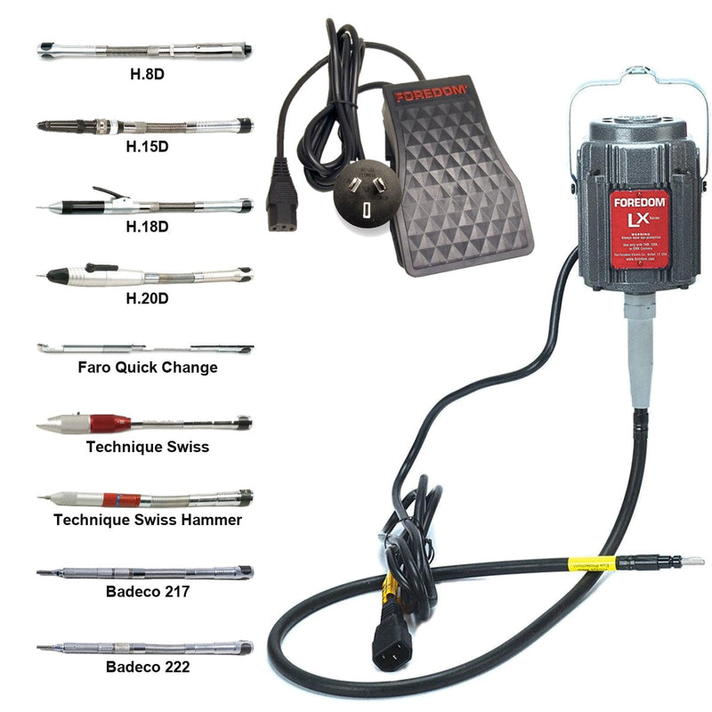 Foredom LX 230V flex shaft motor with C.TXR-26 foot control, Australia plug, and choice of duplex handpiece