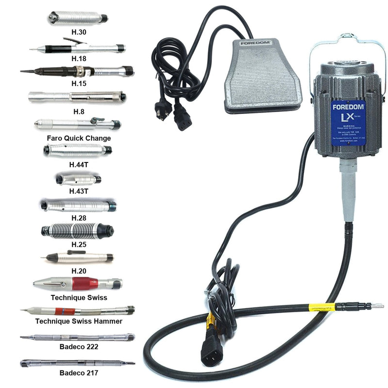 Foredom LX 115V flex shaft motor with C.SXR-1 cast iron foot control and choice of fourteen handpieces