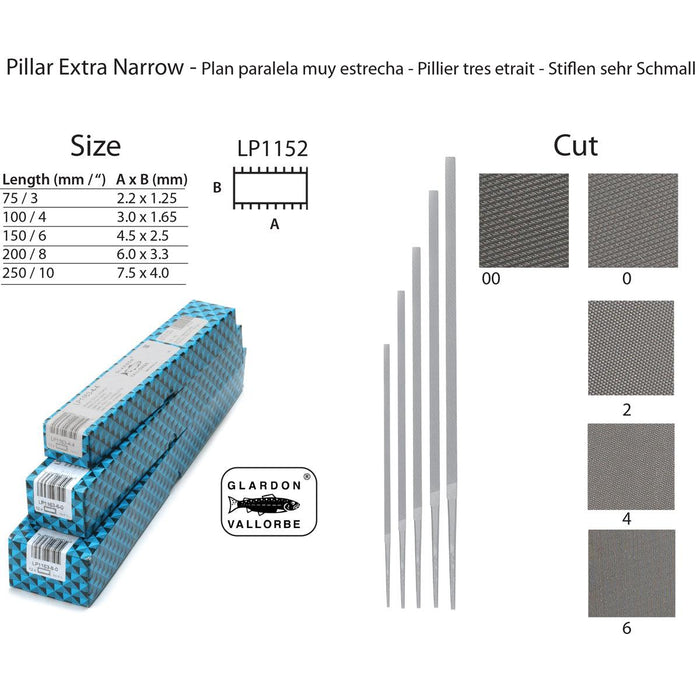 Glardon-Vallorbe Pillar Extra Slim 2 Sides Cut Precision Files - LP1152 - Otto Frei
