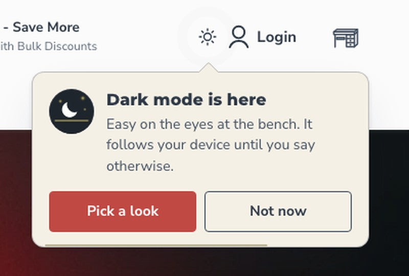 The one-time Dark mode is here card beside the button