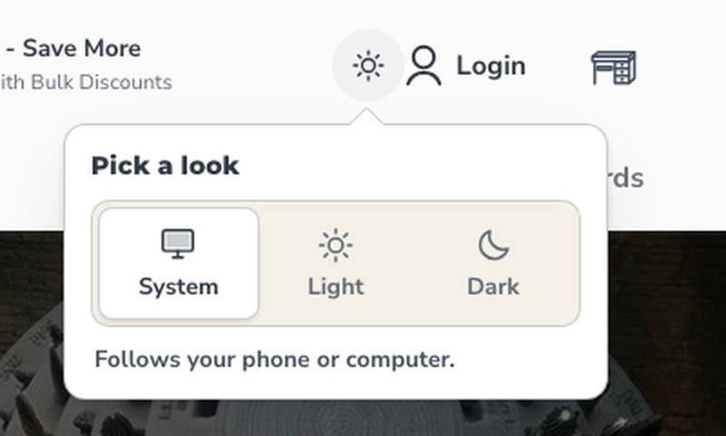 The Pick a look panel on a light screen: System, Light, Dark