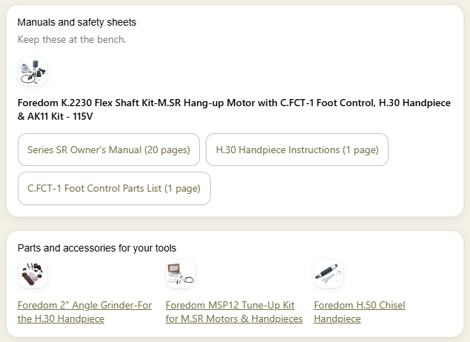 Your order page lists the manuals for each tool you bought, plus parts and accessories that fit them.