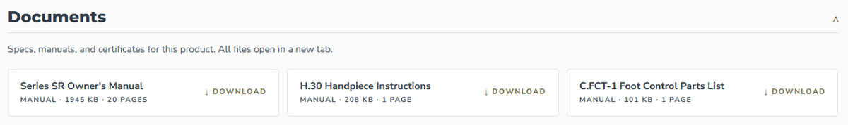 The Documents section on a product page, with a download button for each manual, instruction sheet and parts list.