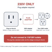 230V only. NEMA 5-15 style plug requires a country-appropriate 230V plug adapter. Do not connect to 110/120V outlets.