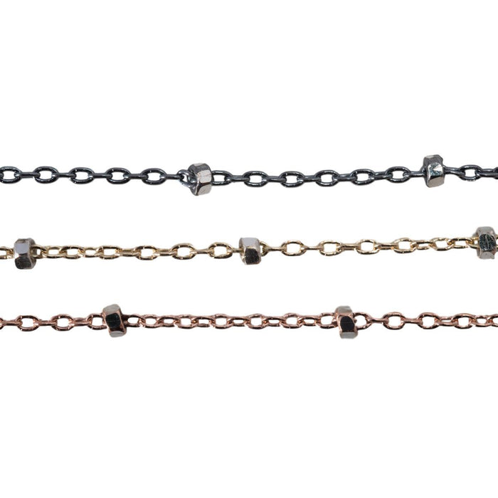 Oxidized Silver, Yellow & Pink Gold Filled Round Cable Chain with Beads 1.1mm - 5 Ft. (60 Inch) Pac - Otto Frei