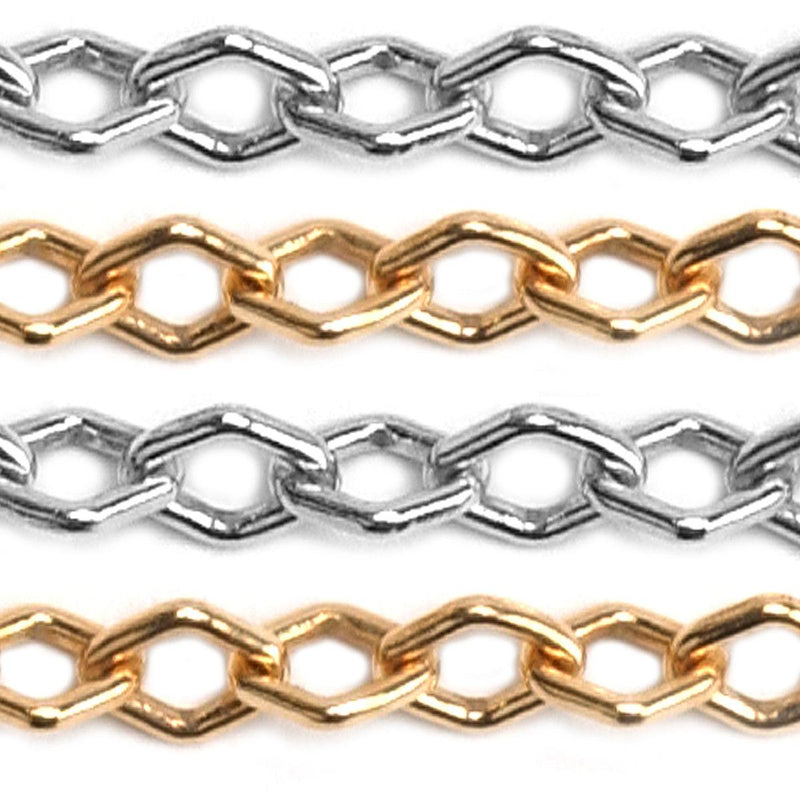 Sterling Silver & Yellow Gold Filled Diamond Shape Cable Chain 5.5mm - 5 Ft. (60 Inch) Pack - Otto Frei