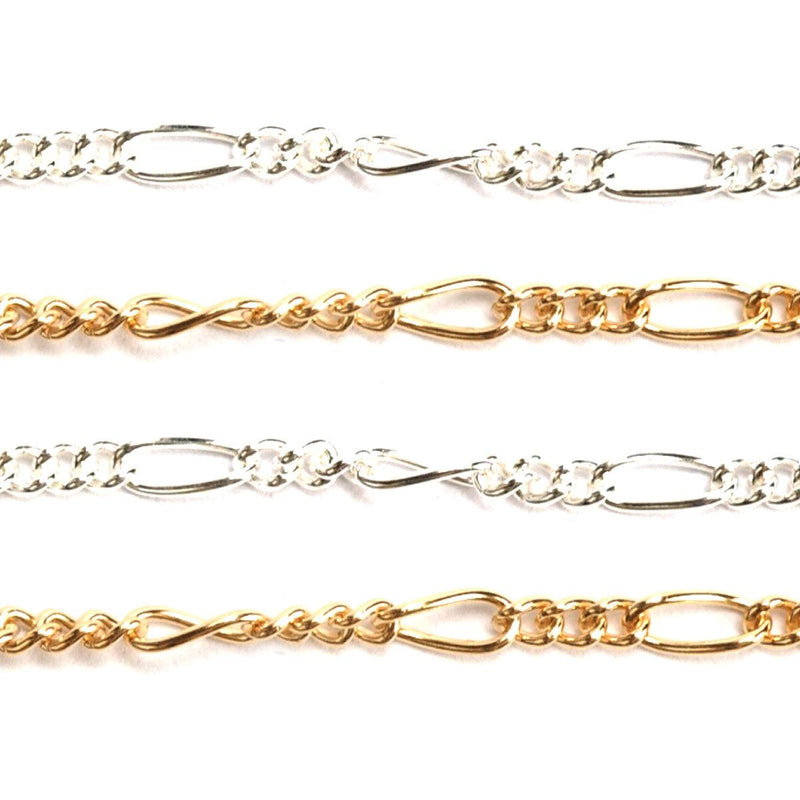 Sterling Silver & Yellow Gold Filled Figaro Curb Chain 1.5mm - 5 Ft. (60 Inch) Pack - Otto Frei