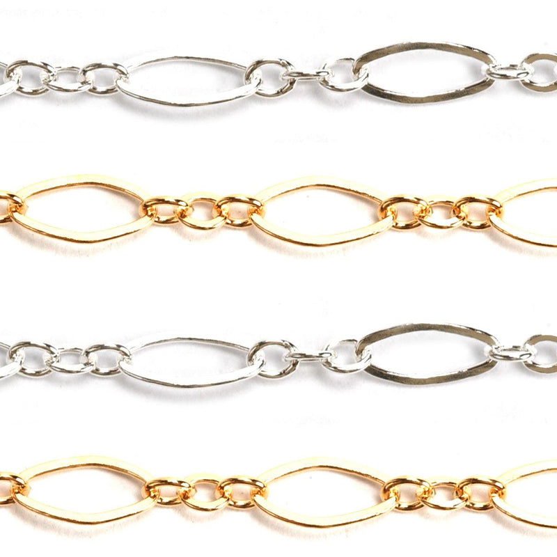Sterling Silver & Yellow Gold Filled Long & Short Flat Chain 7.5mm x 3.6mm - 5 Ft. (60 Inch) Pack - Otto Frei