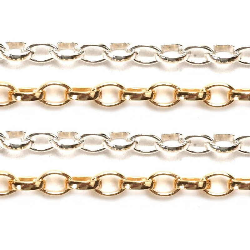 Sterling Silver & Yellow Gold Filled Oval Rolo Chain 2.6mm x 1.8mm - 5 Ft. (60 Inch) Pack - Otto Frei