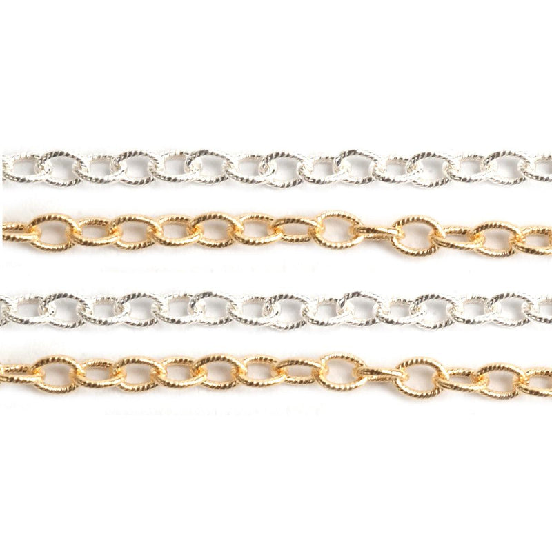 Sterling Silver & Yellow Gold Filled Textured Cable Chain 2.0mm - 5 Ft. (60 Inch) Pack - Otto Frei