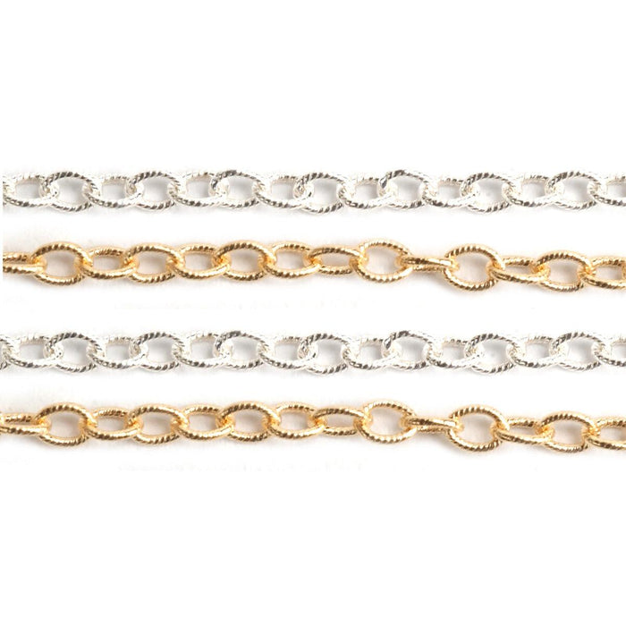 Sterling Silver & Yellow Gold Filled Textured Cable Chain 2.0mm - 5 Ft. (60 Inch) Pack - Otto Frei