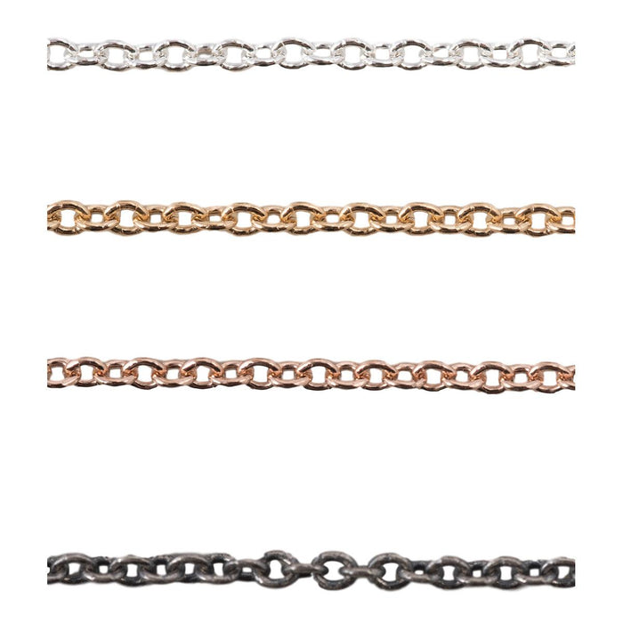 Sterling Silver, Oxidized, Yellow & Pink Gold Filled Oval Cable Chain 1.1mm - 5 Ft. (60 Inch) Pack - Otto Frei